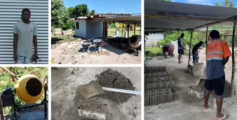 Collage of Dommutua concrete block production in Vanuatu