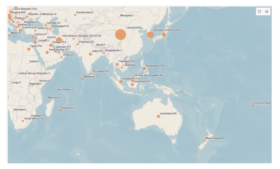 The map is marking with orange dots