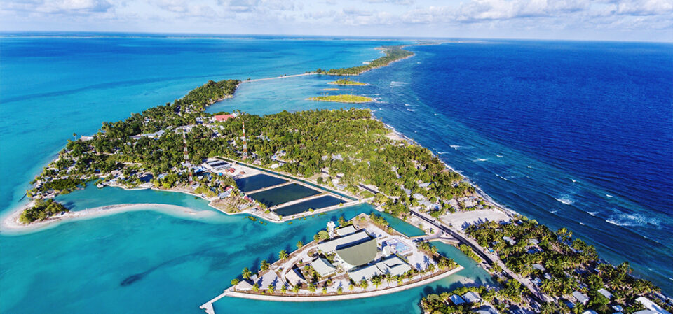 Aerial view of Pacific island with lagoon