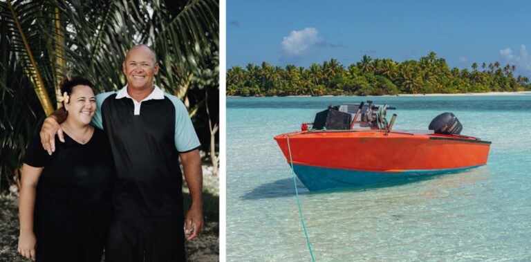 Collage of Marokii & Vaea Maoate and a boat of Marino Tours