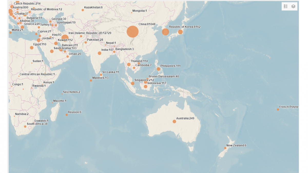 The map is marking with orange dots