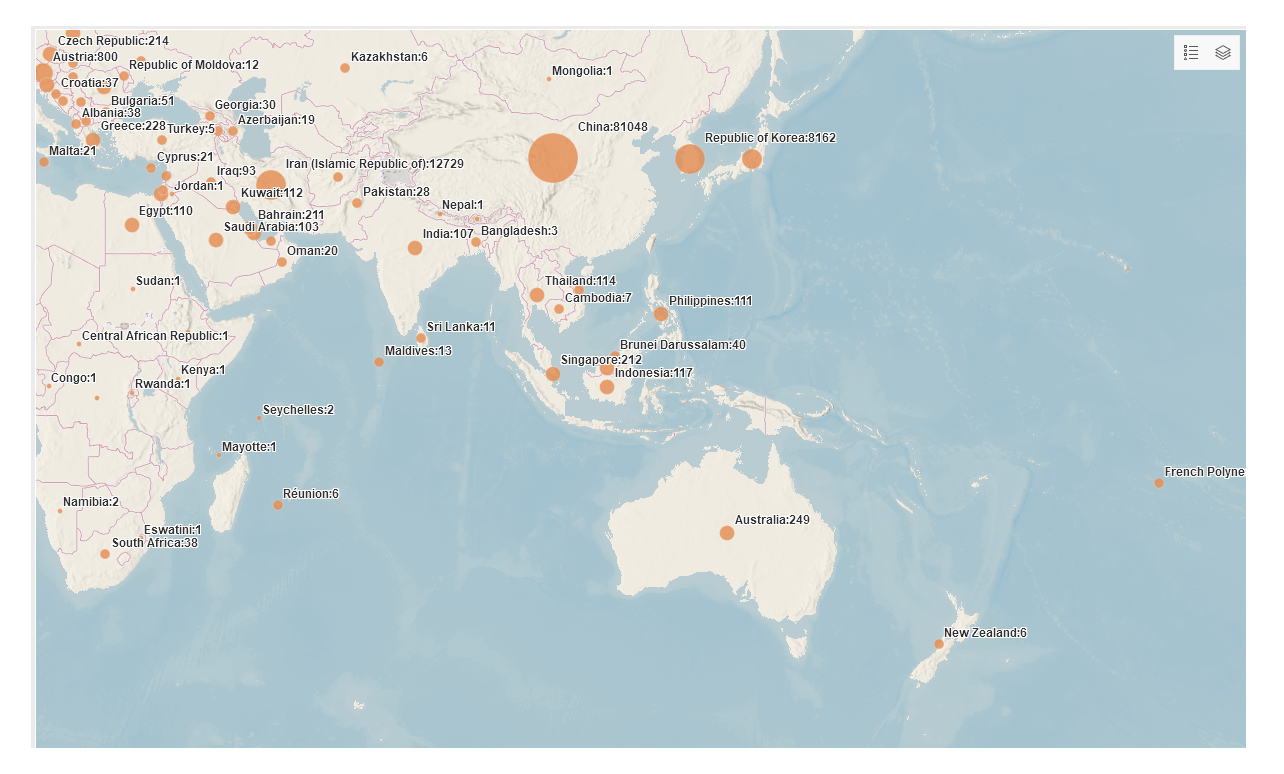 The map is marking with orange dots