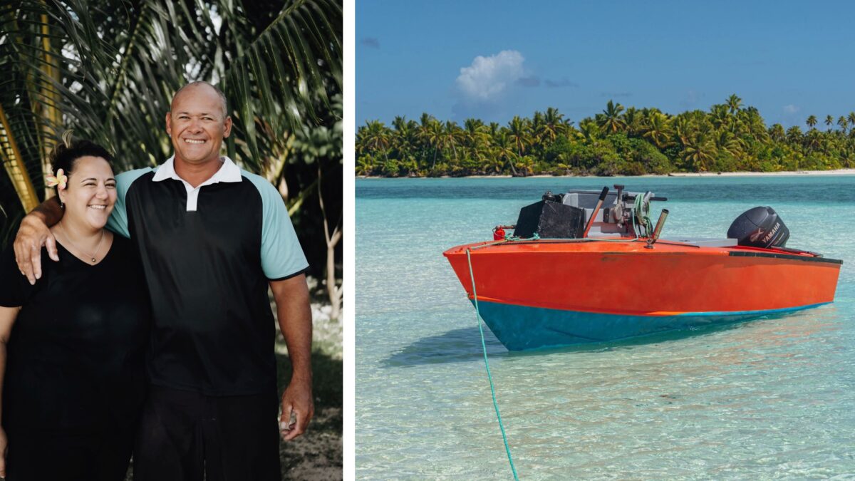 Collage of Marokii & Vaea Maoate and a boat of Marino Tours
