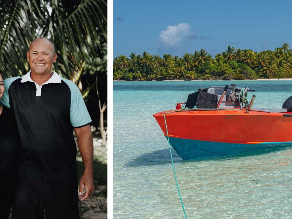 Collage of Marokii & Vaea Maoate and a boat of Marino Tours