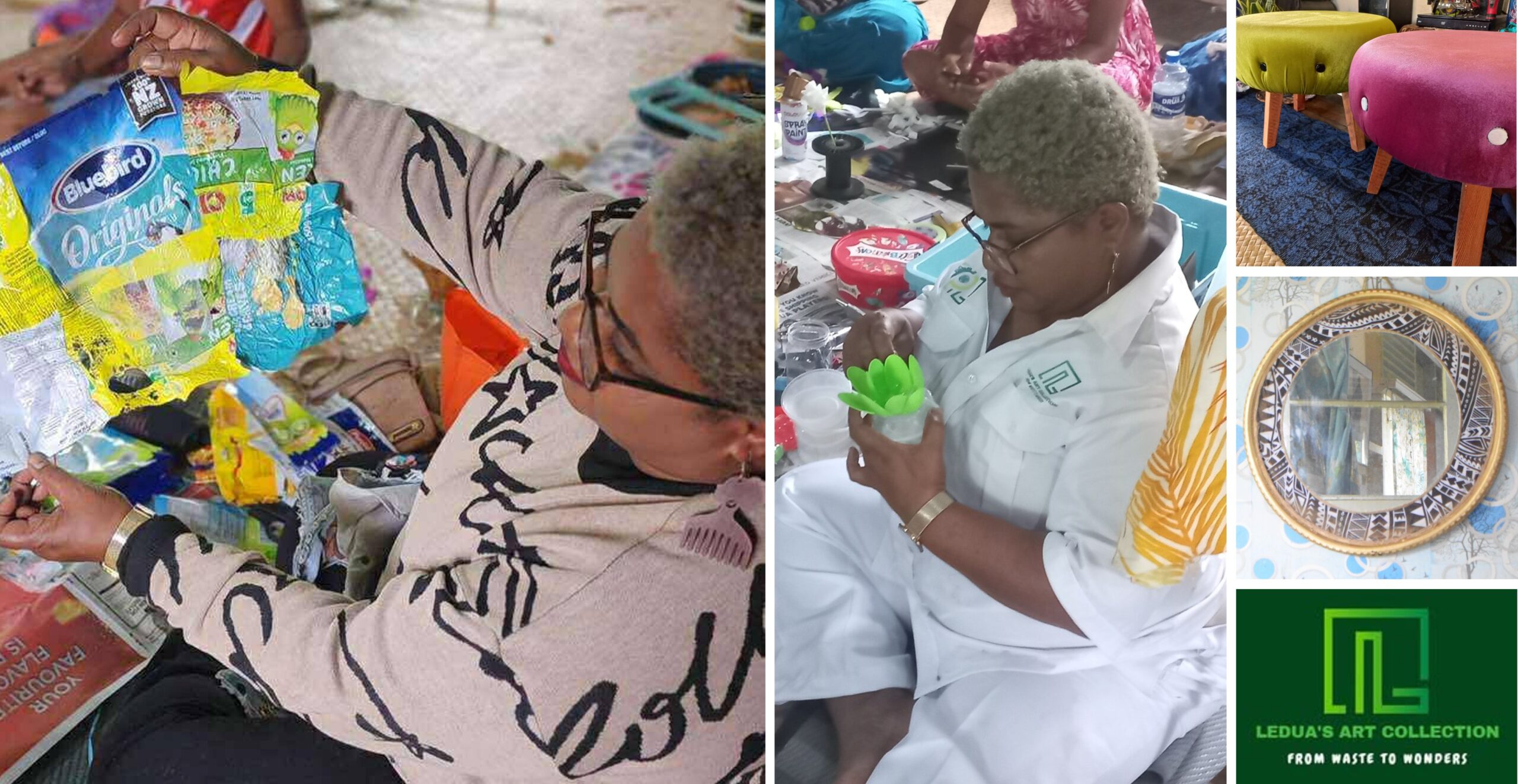 Collage of Ledua’s Art Collection recycled art Fiji Collage of Ledua’s Art Collection recycled art Fiji