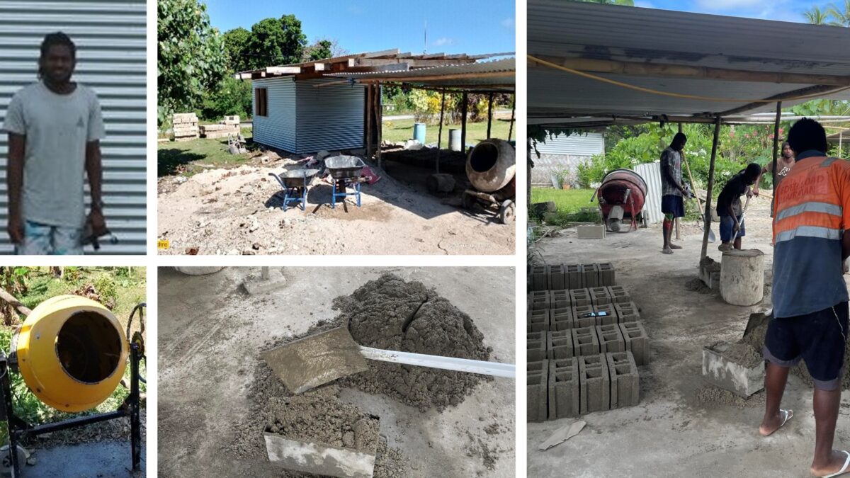 Collage of Dommutua concrete block production in Vanuatu