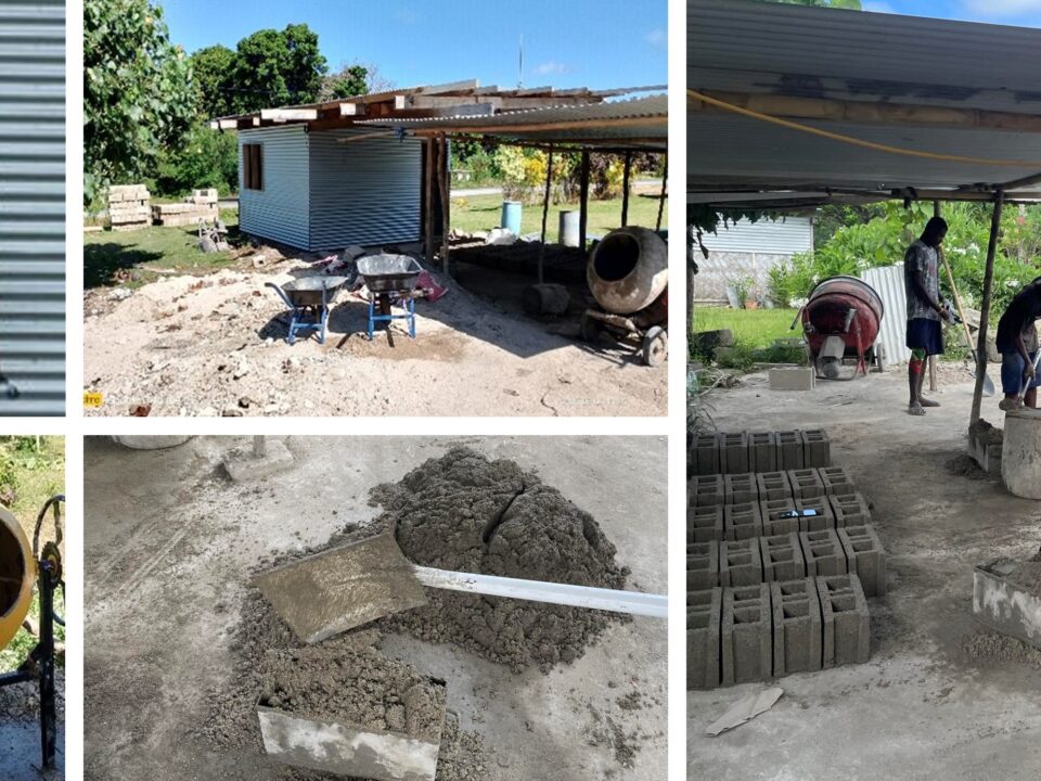 Collage of Dommutua concrete block production in Vanuatu